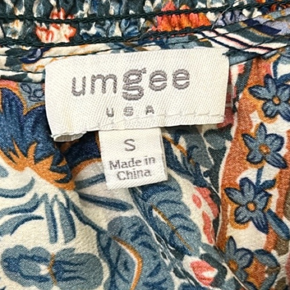 Umgee Boho Green Orange Floral Print Blouse Top V-Neck Long Sleeves Ruffle Small - Picture 4 of 11